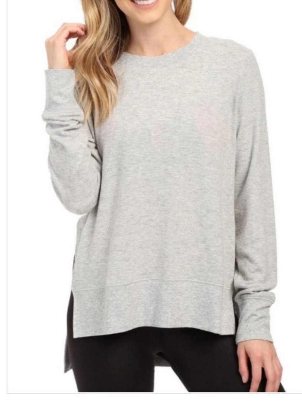 Alo Long Sleeve Knit Top Small Grey Split Side Lightweight Loungewear Pilates